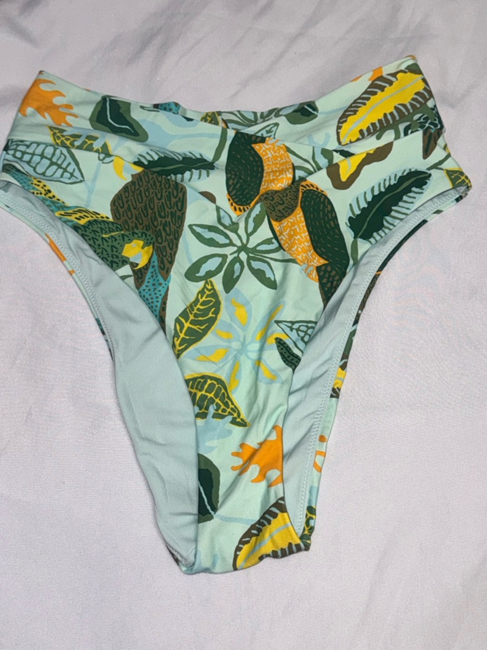 aerie Tropical Leaf High-Cut Bikini Bottoms in Mint & Yellow